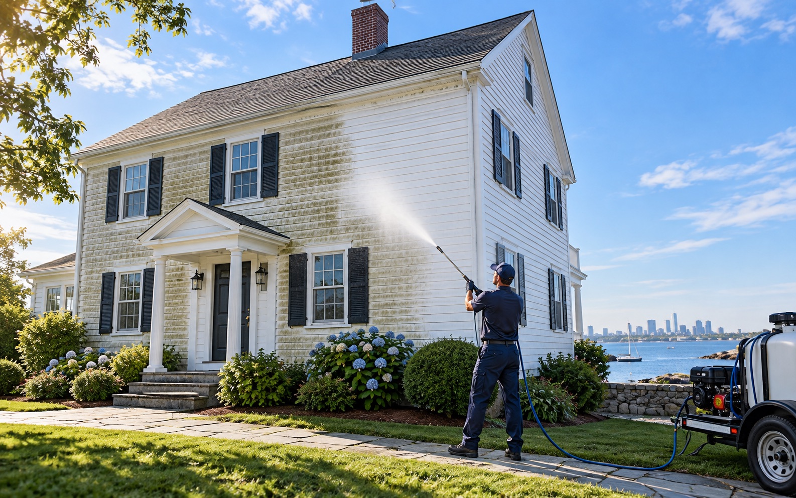 Mock photograph of a New England home being professionally soft washed
